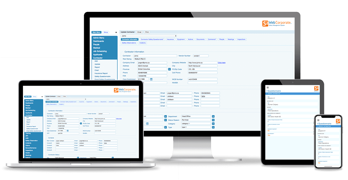 S2Web dashboard screenshots showing mobile and desktop views